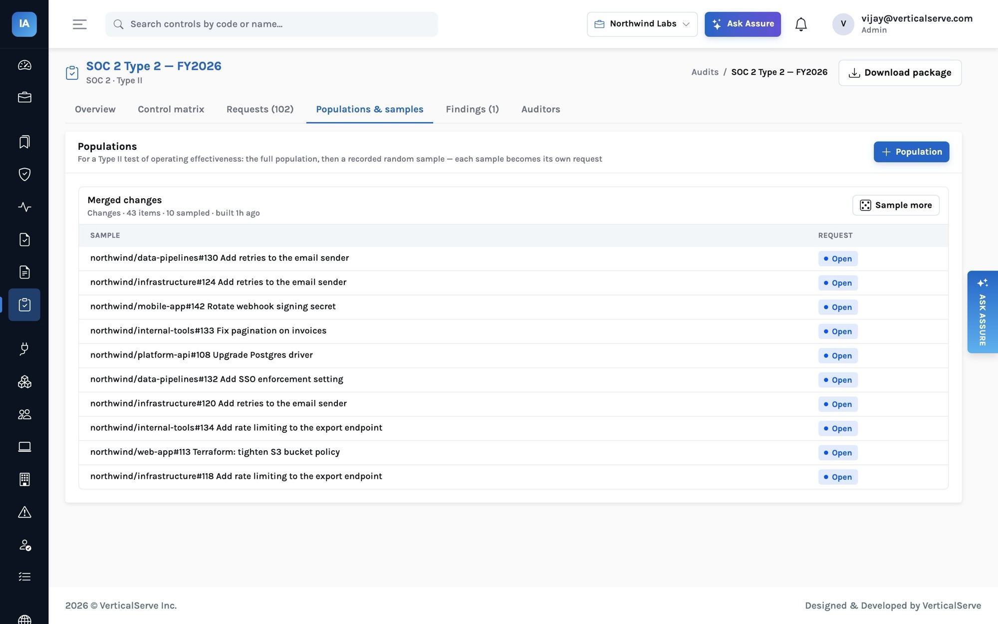Populations & samples: the ‘Merged changes’ population of 43 items with 10 sampled (northwind/data-pipelines#130, northwind/infrastructure#124, northwind/mobile-app#142, northwind/internal-tools#133…), each sample with its own open request.